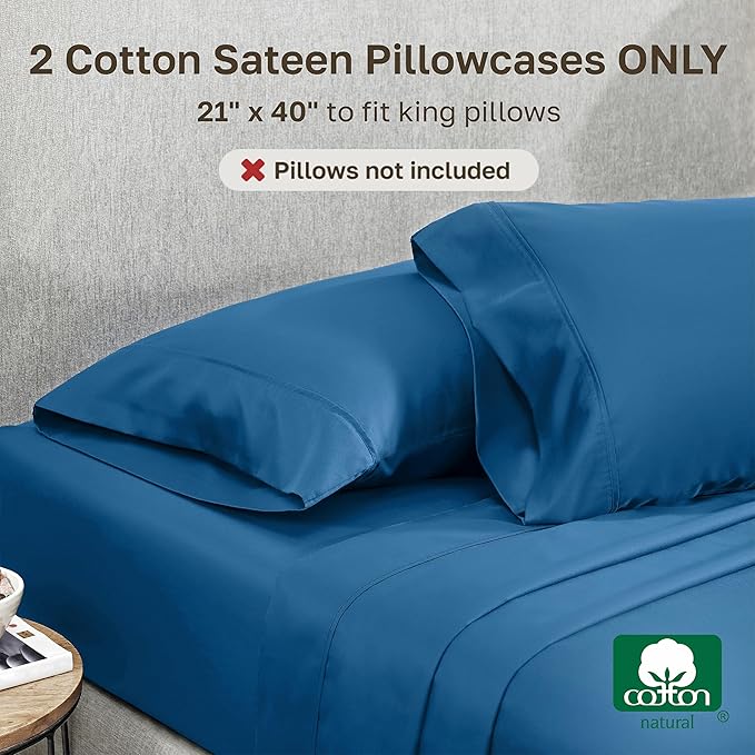 California Design Den King Size Pillow Cases Set of 2-400 Thread Count Sateen, Natural 100% Cotton Pillowcases King, Soft, Roomy and Breathable - Cobalt Blue
