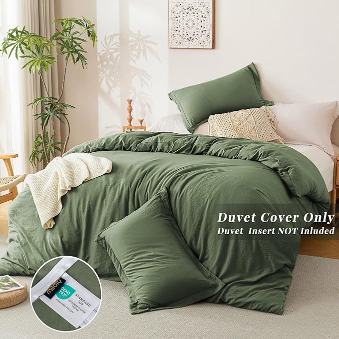 MILDLY Super Soft Duvet Cover 2pcs - 100% Washed Microfiber Olive Green Twin/Twin XL Comforter Cover Set with Zipper Closure & Corner Ties (No Comforter)