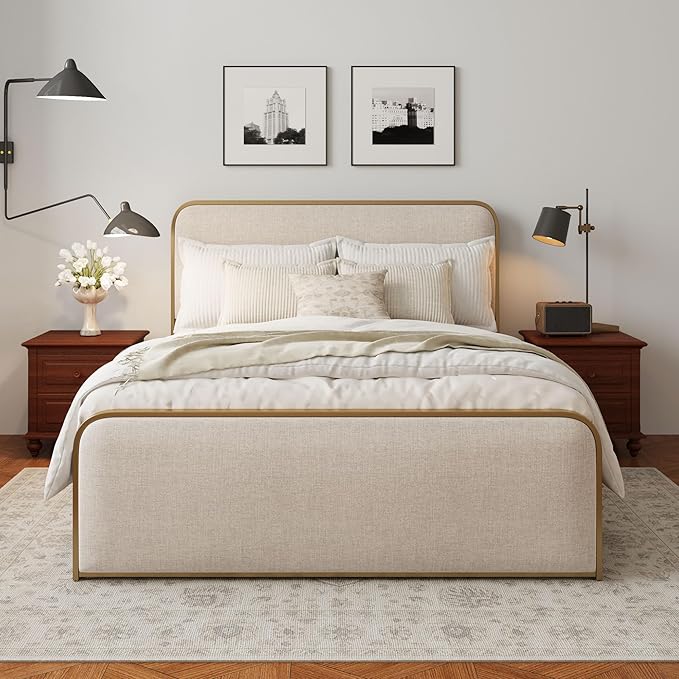 Merax Metal Platform Bed Queen Size with Curved Upholstered Headboard and Footboard, Queen Bed Frame with Storage Space Under Bed, Heavy Duty Metal Slats, No Box Spring Needed, Gold+Beige