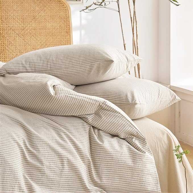 Wake In Cloud - Striped Cotton Duvet Cover Set, 100% Washed Cotton Textured Percale Bedding Set, Ticking Stripe Pinstripe Farmhouse, 3 Pieces, Tan, Full Size