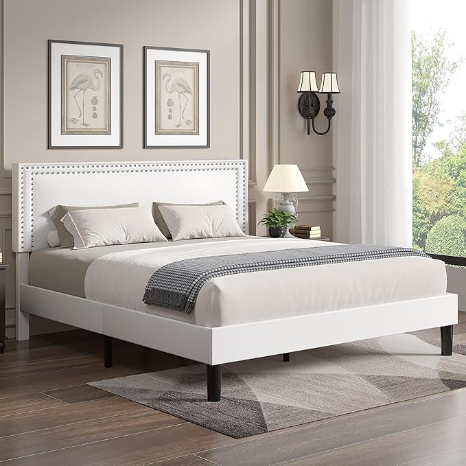 VECELO Full Size Platform Bed Frame with Height Adjustable Upholstered Headboard, Modern Mattress Foundation,Strong Wood Slat Support, No Box Spring Needed, Easy Assembly,White