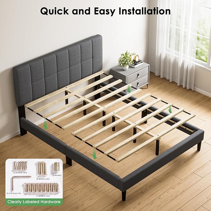 Marsail Full Size Bed Frame with Headboard, Sturdy and Durable with 12 Support Legs, 1300 lbs Capacity, Solid Wooden Upholstered Adjustable Headboard for 6"-12" Mattresses, Easy Assembly,Dark Gray