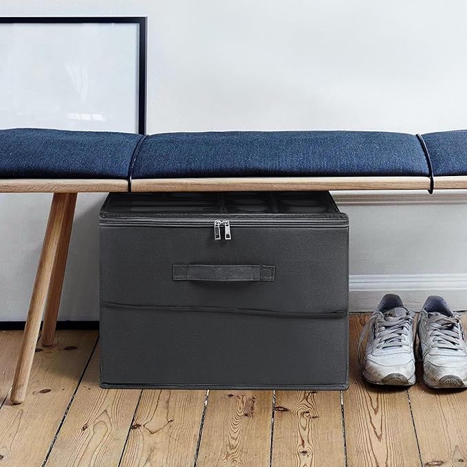 Under Bed Shoe Storage Organizer 16 Compartment, Foldable Shoe Organizer Under Bed with Clear PVC Lid, Shoe Storage Box with Zipper & Handle for Closet Bedroom, Grey, Pack of 2