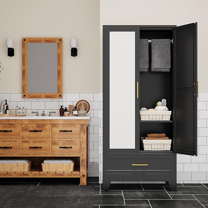 erosoei 71" H Metal Armoire Wardrobe Closet with Mirror,Household Steel Wardrobe Cabinet with Drawers,Clothing Storage Armoire Cabinet with Adjustable Shelves and Hanging Rod for Bedroom（Black）