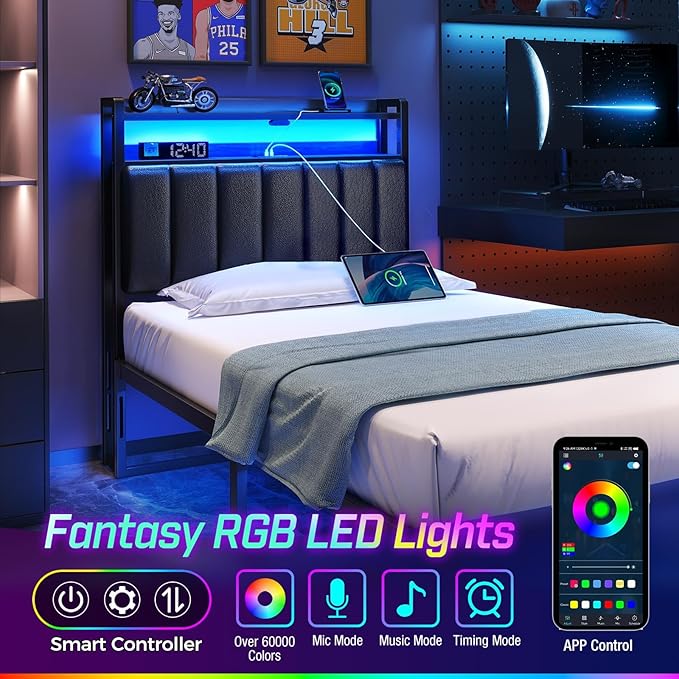 Rolanstar Headboard for Twin Size Bed with Storage, 60,000 DIY Color of LED Light, Head Board with USB & Type C Port, Height Adjustable, Black Upholstered Cabeceras de Cama Comfortable Modern, Leather