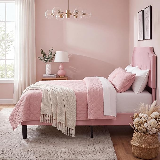VECELO Queen Size Velvet Bed Frame with Headboard, Upholstered Platform Bedframe with Strong Wooden Slats, No Box Spring Needed, Easy Assembly,Pink