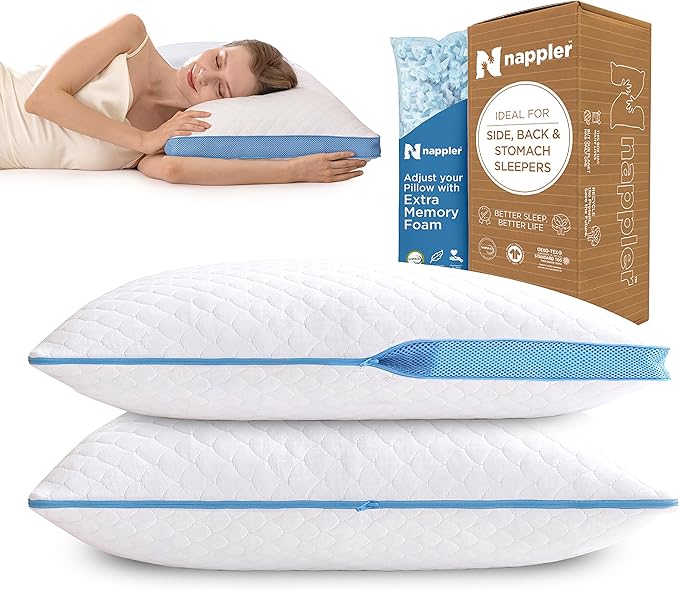 Nappler Side and Back Sleeper Pillow for Neck and Shoulder Pain Relief-Shredded Memory Foam Bed Pillow for Sleeping - 100% Adjustable Fill - Standard Size Set of 2 Washable Case. Extra Fill Included