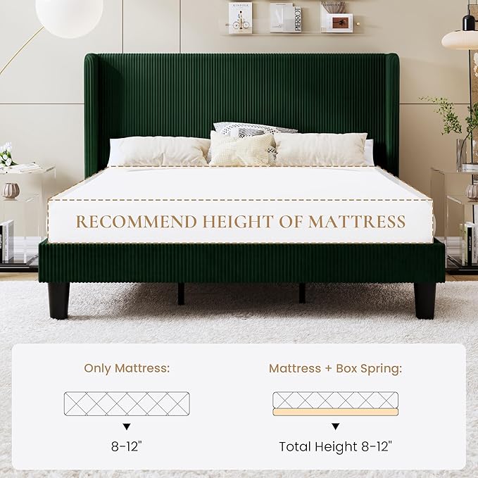 SHA CERLIN King Size Corduroy Upholstered Platform Bed Frame with Vertical Channel Tufted Wingback Headboard, 8" Under Bed Storage, Wooden Slats & Metal Frame Support, Easy Assembly, Dark Green