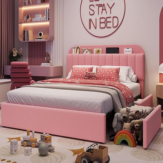 IDEALHOUSE Queen Bed Frame with 2 Flexible Drawers and Bookcase Headboard, Boucle Upholstered Platform Bed for Boys/Girls, Noise-Free, Easy Assembly, No Box Spring Needed, Pink