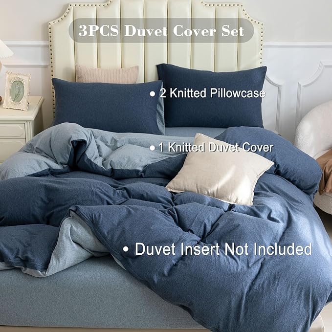 PURE ERA Jersey Knit Duvet Cover Set 100% T-Shirt Cotton Super Soft Comfy 3pc Bedding Set with Zipper Closure (Solid Navy/Blueish Grey, King)