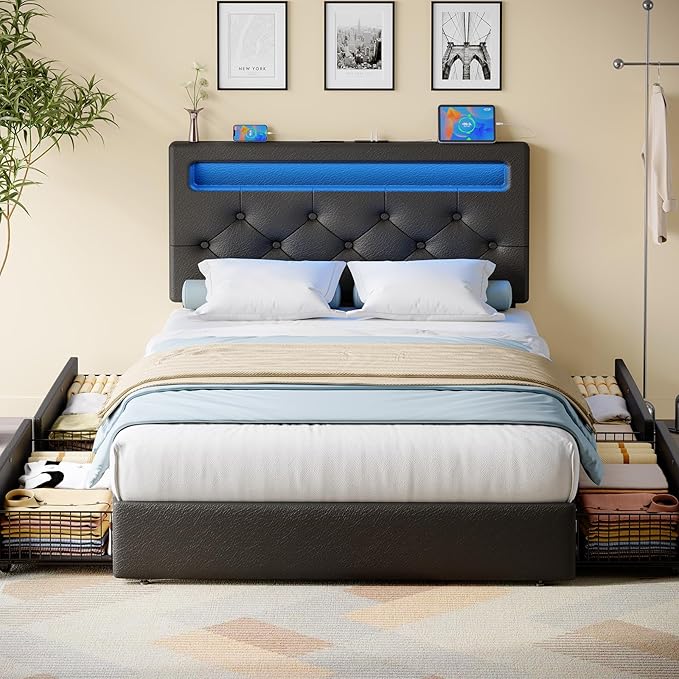 Rolanstar Twin Bed Frame with 4 Drawers and Charging Station,Twin Bed with Led Lights, 2 USB and 1 Type C, Adjustable Upholstered Headboard 38.9/40.8 Inches, Sturdy, No Box Spring Needed, Pure Black