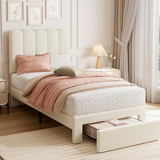 GarveeHome Twin Bed Frame with Under-Bed Drawer, Upholstered Platform Bed with Wave Headboard for Kids/Girls, Wooden Slats Support, No Box Spring Needed, Boucle Beige