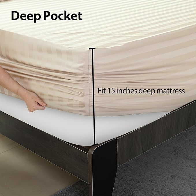 2-Pack Pure Cotton Bottom Sheet Queen Size, 600 Thread Count 16" Deep Pocket Egyptian Cotton Fitted Sheet (2-Pack, Queen, Stripted Beige)