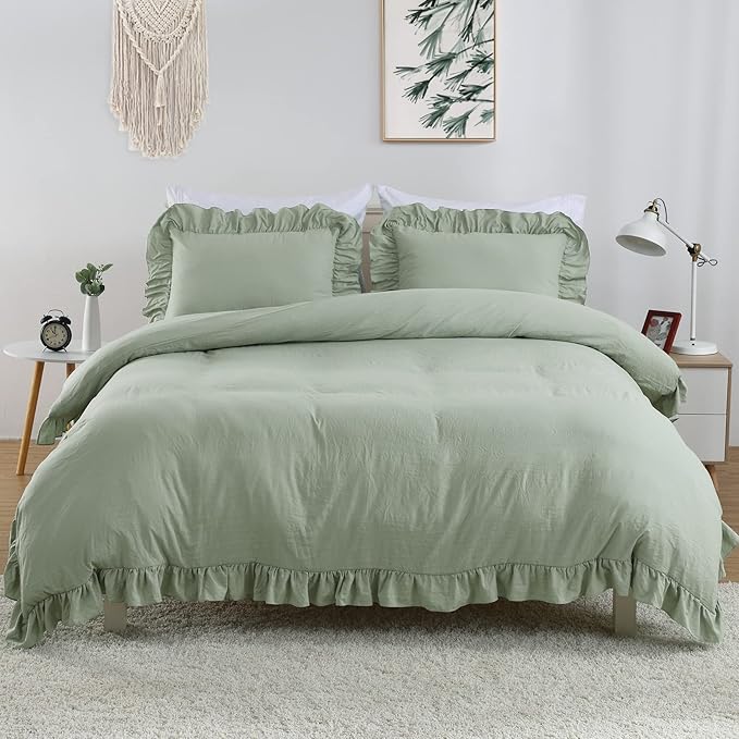 CAROMIO Ruffle Duvet Cover King Size, 3PCS Soft Washed Microfiber Vintage French Country Duvet Cover Set with Button Closure, Sage Green, 104x90 in