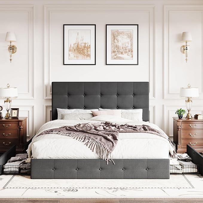 SHA CERLIN Upholstered Queen Size Platform Bed Frame with 4 Storage Drawers, Adjustable Headboard with Square Stitched Button Tufted Design, Wooden Slat Support, No Box Spring Needed, Dark Grey