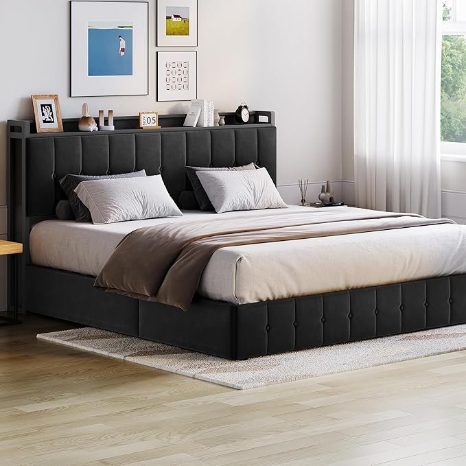 Garvee King Size Lift Up Storage Bed, Upholstered Velvet Bed Frame with Storage Headboard, Metal Platform Bed, No Box Spring Needed, Noise Free, Black