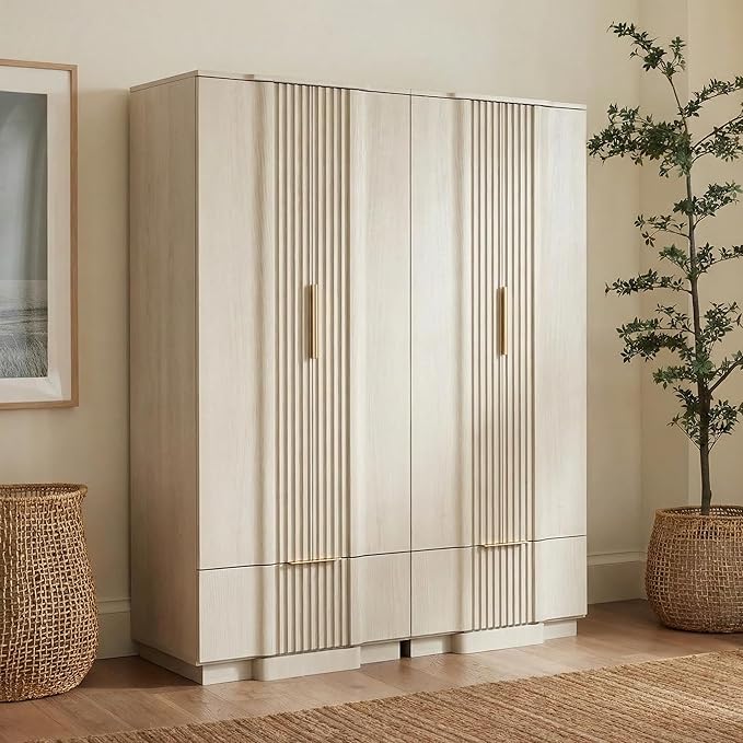 Brafab 67" Fluted Armoire Wardrobe Closet Set of 2 with Drawers and Doors, Wooden Wardrobe Cabinet with Adjustable Shelves, Modern Storage for Clothes, Coats for Bedroom,White(2 pcs)
