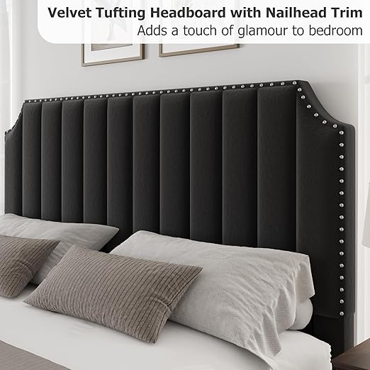 GarveeHome Queen Size Platform Bed Frame with 50.2 in Tall Headboard, Velvet Upholstered Bed Frame with Vertical Channel Tufted Headboard & Footboard, Nailhead Trim, No Box Spring Needed, Black