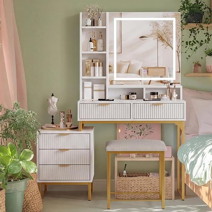 GarveeHome Makeup Vanity Desk with Mirror and Lights, Vanity Table with 5 Drawers, Vanity Set with Stool and Removable Side Storage Cabinet for Bedroom, White & Gold