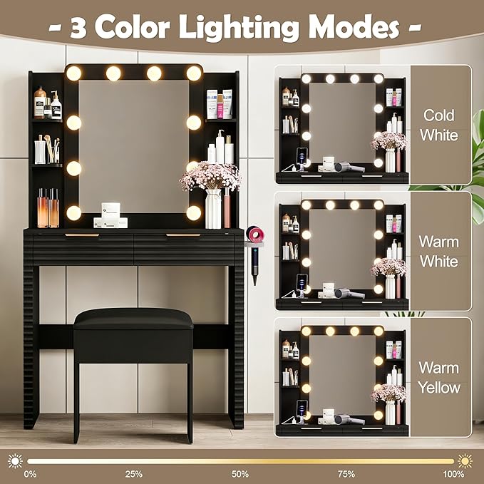 Makeup Vanity Desk with Charging Station & Storage Stool, Black Fluted Vanity Table with 10 Hollywood Bulbs, 3-Color Lighted Mirror, Hair Dryer Holder & Type-C Port, Modern Dressing Table for Bedroom