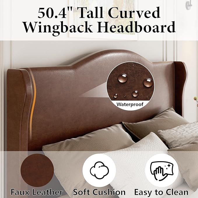 Queen Upholstered Bed Frame with Tall Headboard, Leather Platform Bed Frame with Wingback Sides, Wood Slats Support, Noise-Free Design, No Box Spring Required, Easy Assembly, Dark Brown