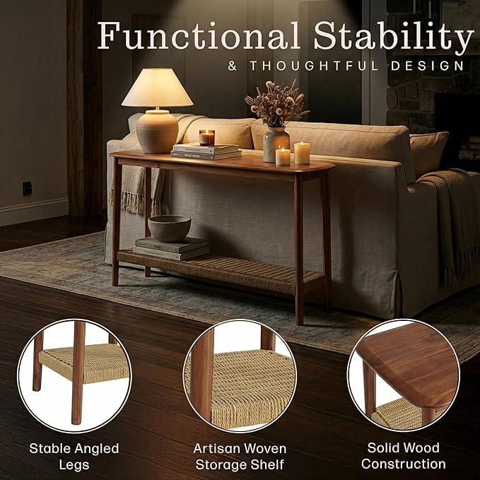 Alaterre Furniture Calais 48 Inch Solid Wood Entryway Table with Woven Storage Shelf – Mid Century Modern 2-Tier Sofa Table for Living Room, Hallway, or Foyer (Chestnut)