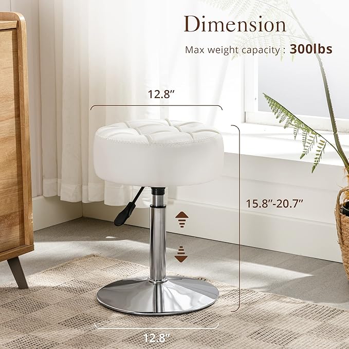 LUE BONA Adjustable Vanity Stool, 360 Swivel Chair for Makeup Room, White Faux Leather Stool for Bathroom & Living Room