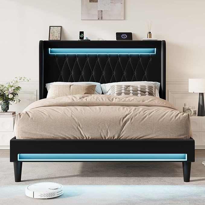 SHA CERLIN Full Size LED Bed Frame with Charging Station, Velvet Upholstered Platform Bed with High Wingback Headboard, No Box Spring Needed, Easy Assembly, Black