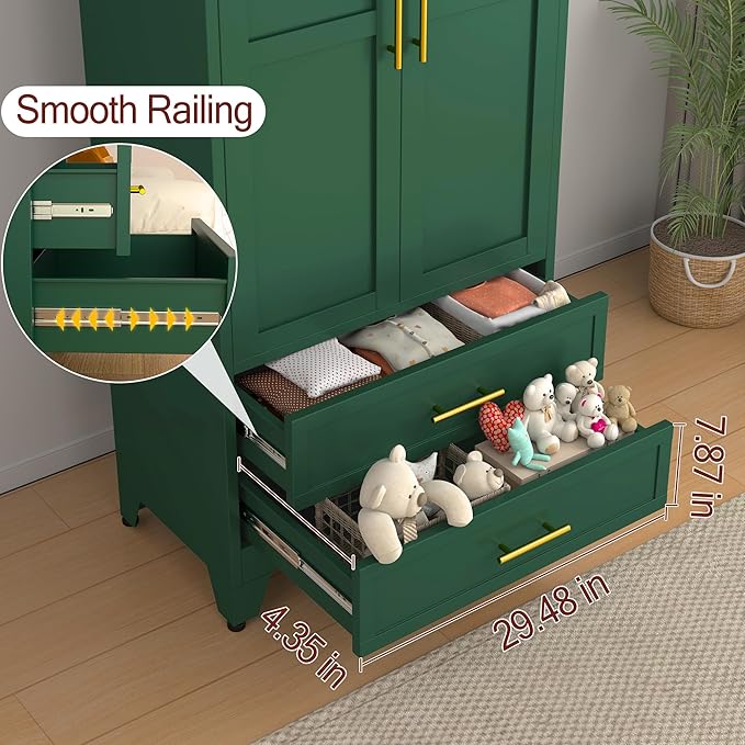 winiowa Metal Armoire Wardrobe Closet with 2 Drawers, 71" Wardrobe Cabinet with Adjustable Shelves and Hanging Rod, Clothing Storage Cabinet Closet for Bedroom-Green