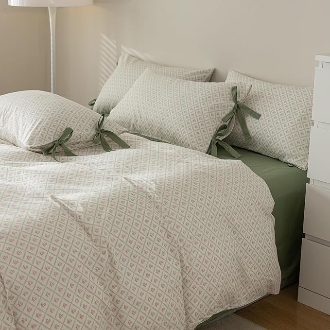 mixinni Red Floral Duvet Cover Set Twin Size - 100% Cotton Green Grid Bedding with Bow Ties, 3PC Cottagecore Comforter Cover (1 Duvet Cover + 2 Pillowcases) Vintage Garden Style Soft Aesthetic