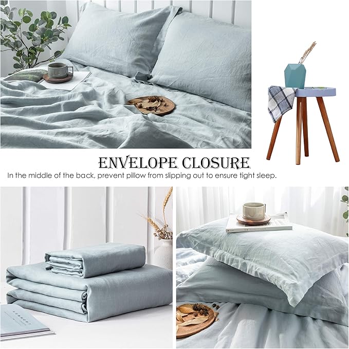 Simple&Opulence 100% Linen Duvet Cover Set 2pcs Basic Style Natural French Washed Flax Solid Color Soft Breathable Farmhouse Bedding with Button Closure - Dusty Blue, Twin
