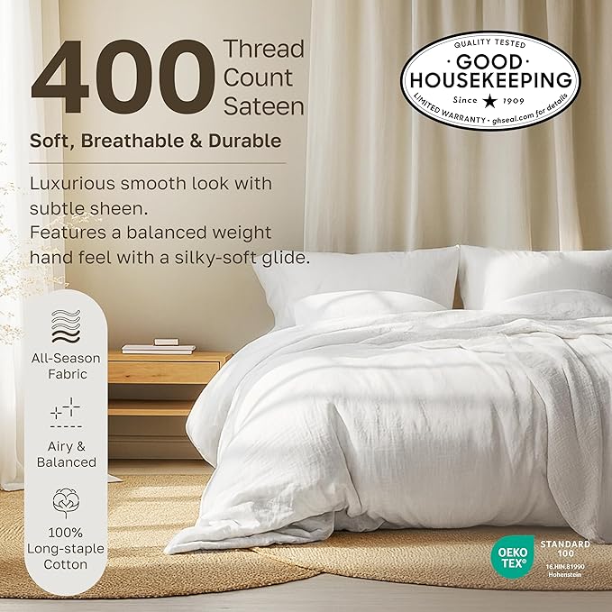 California Design Den Standard Queen Size Pillowcase Set - 400 Thread Count, 100% Cotton Sateen, Set of 2 Pillow Covers, Soft and Breathable - Striped Bright White