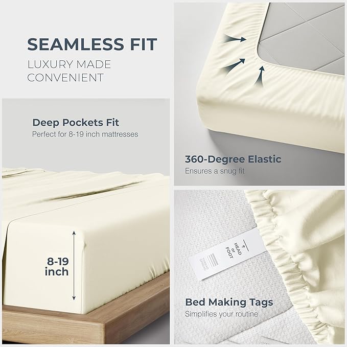 THREAD SPREAD 100% Egyptian Cotton Sheets Queen Size - Luxury 1500 Series Queen Sheet Set Egyptian Cotton (4 PC, Ivory), Silky Soft, Sateen Weave, Cooling & Breathable, 17" Deep Pocket Bed Set