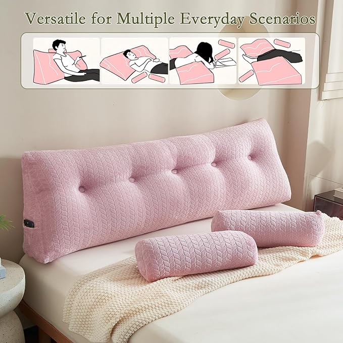 YOUR MOON Wedge Headboard Pillow Queen Size, Triangular Wedge Backrest Pillow with 1 Pack Neck Roll Pillows, Headboard Pillow for Bed,Daybed,and Lounging, Large Bed Bolster Pillows,Pink
