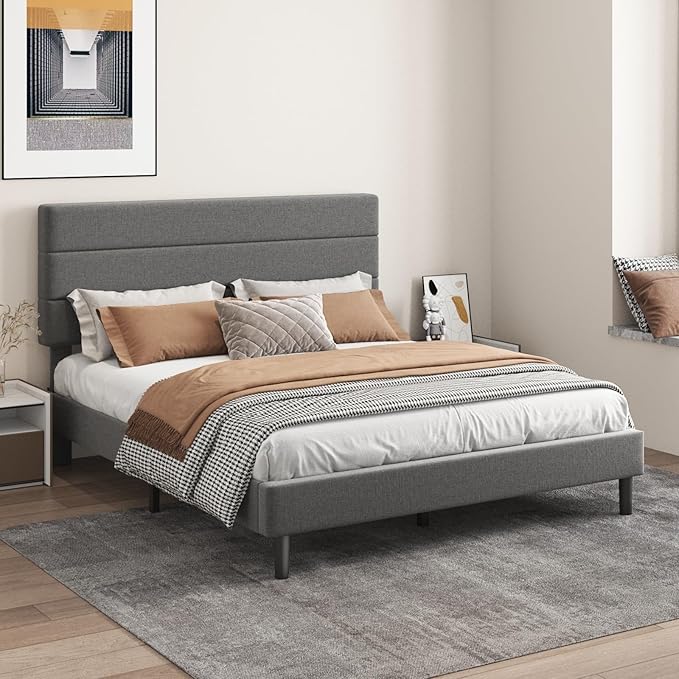 Queen Platform Bed Frame with Adjustable Linen Fabric Upholstered Headboard, Strong Slats Support, Noise-Free, No Box Spring Required, Easy Assembly for Bedroom Guest Room, Grey