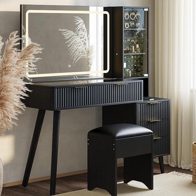 Garvee Vanity Desk with Lighted Mirror, Makeup Vanity with Charging Station, Glass Top Dressing Table with Cushioned Storage Stool for Bedroom, Black