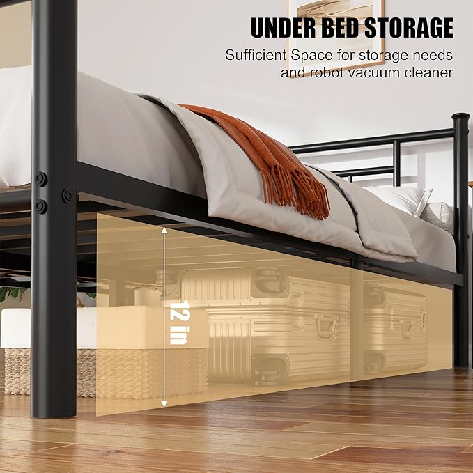 Shintenchi Full Size Metal Platform Bed Frame with Headboard & Footboard, Steel Slat Mattress Foundation, Under Bed Storage, Noise-Free, No Box Spring Needed, Black Square