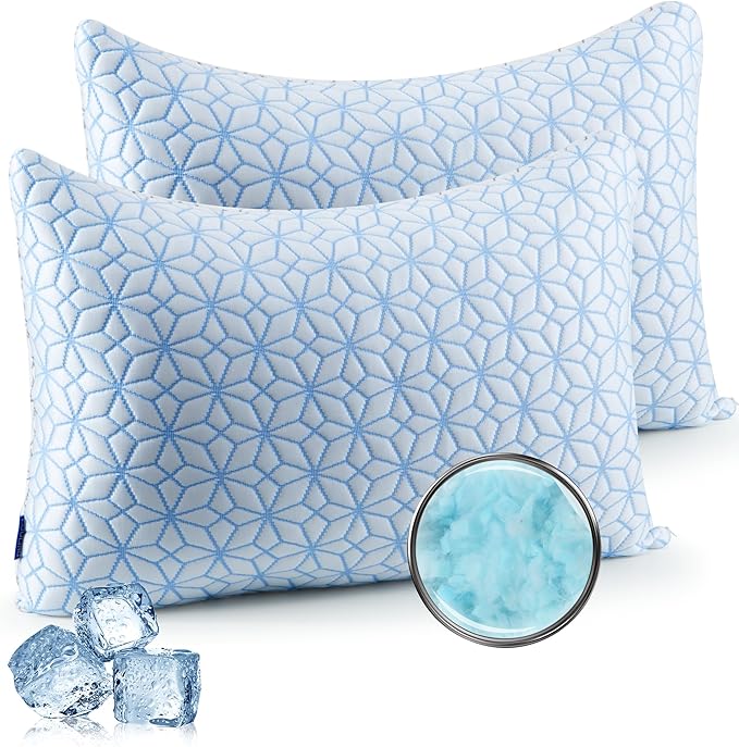 puredown® Standard Pillows Set of 2, Cooling Pillow Full Size 2 Pack, Adjustable Shredded Memory Foam Pillows for Side Back Stomach Hot Sleepers, Ice Blue