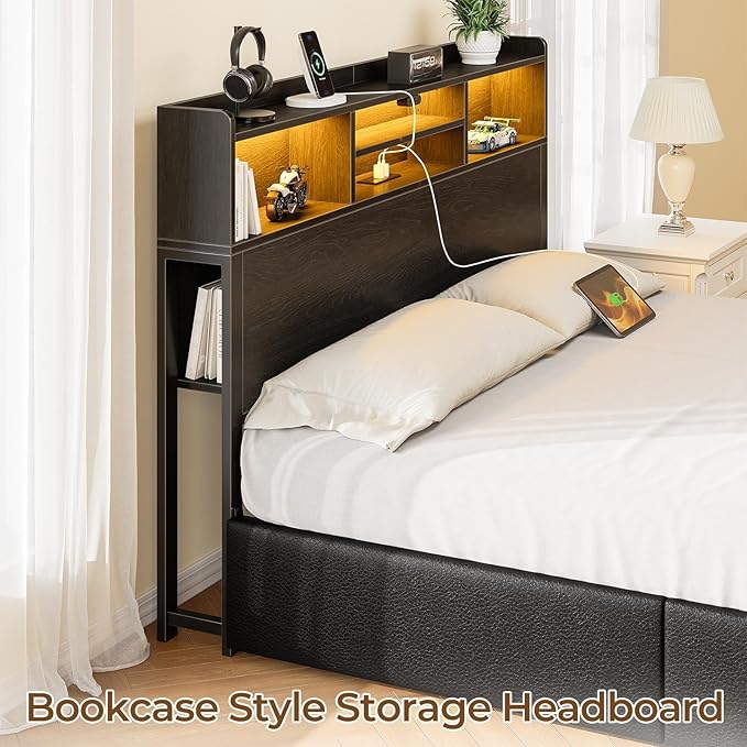 Rolanstar Queen Bed Frame with Storage,4-Drawer Platform Bed with USB Charging Station,Built in LED Lights and Bookcase Headboard,No Box Spring Needed,Easy Assembly,Noise-Free,Black