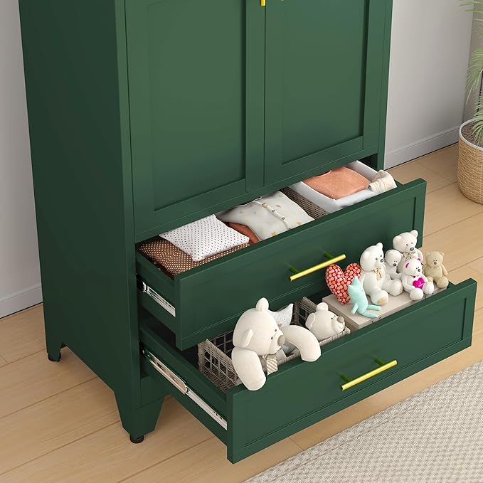 RIETERN Metal Armoire Wardrobe Closet, 71" Tall Bedroom Closet with 2 Drawers, Adjustable Shelves, and Hanging Rod, Steel Clothes Closets and Storage, for Bedroom Green