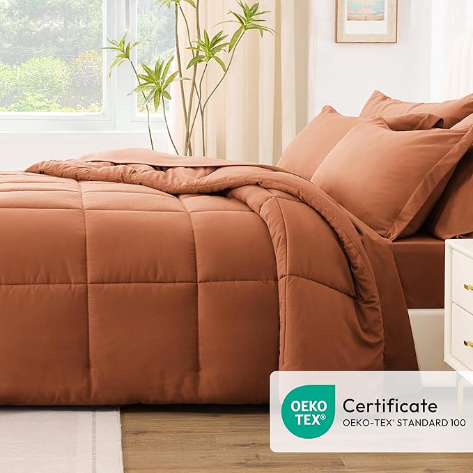 Love's cabin King Size Comforter Set Burnt Orange, 7 Pieces King Bed in a Bag, All Season Bedding Sets with 1 Comforter, 1 Flat Sheet, 1 Fitted Sheet, 2 Pillowcase and 2 Pillow Sham | Soft, Breathable, Lightweight, Comfortable