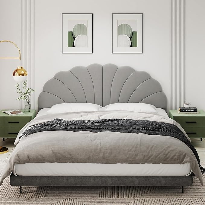 Befurtori King Size Headboard Only, Petal Wall Mount Headboard King/California King Size for Adjustable Bed Velvet Upholstered Head Board Easy Assembly, Gray
