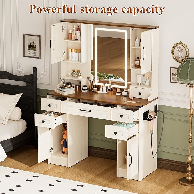 Farmhouse Vanity Desk with Mirror and Lights, Large Makeup Table with 6 Drawers and 4 Storage Cabinets, 3 LED Lights Modes, White Dressing Set for Girls Bedroom