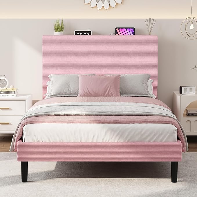 IDEALHOUSE Twin Size Bed Frame, Platform Bed with Adjustable Corduroy Upholstered Storage Headboard and Charging Station, Sturdy Metal Support, Noise Free, Easy Assembly, Pink
