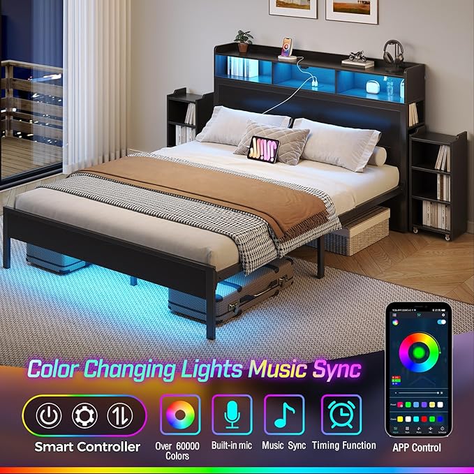 Rolanstar Bed Frame Queen Size with Bookcase Storage Headboard, Slide Out Bedside Storage, Bed with Charging Station & LED Lights, Heavy Duty Metal Slats, No Box Spring Needed, Noise Free, Black