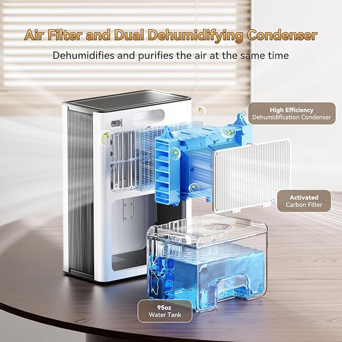 PTHRAOUTA Home Dehumidifier with Drain Hose, (950 sq.ft) 95oz Quiet dehumidifier for Bathroom Bedroom, with Air Reusable Filter Indoor deshumidificador for Basement RV Closet