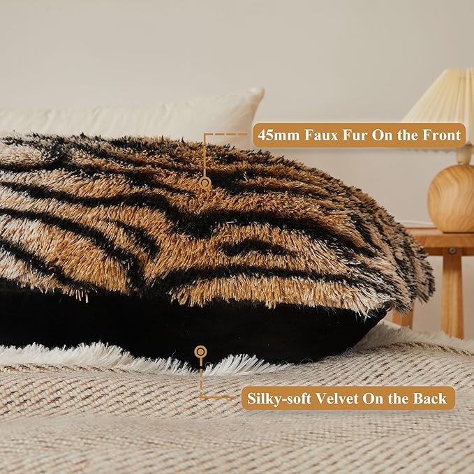 XeGe 20x54 Fluffy Body Pillow Cover, Tiger Print Plush Fuzzy Faux Fur Body Pillowcase with Zipper, Rectangular Shaggy Furry Long Pillow Cover for Pregnant Women Side Sleeper, Tiger Print Brown