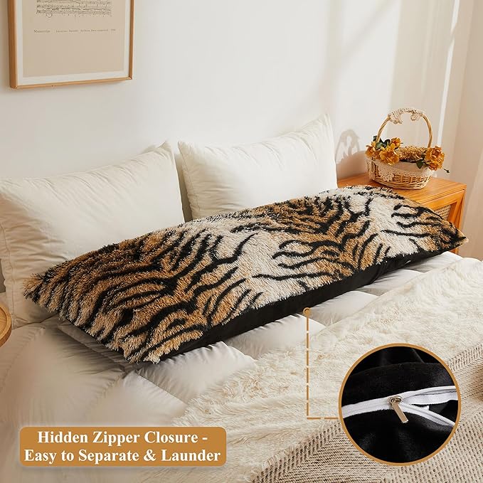 XeGe 20x54 Fluffy Body Pillow Cover, Tiger Print Plush Fuzzy Faux Fur Body Pillowcase with Zipper, Rectangular Shaggy Furry Long Pillow Cover for Pregnant Women Side Sleeper, Tiger Print Brown