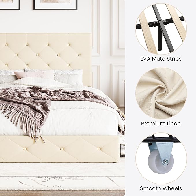 SHA CERLIN Upholstered Queen Size Platform Bed Frame with 4 Storage Drawers, Adjustable Headboard with Diamond Stitched Button Tufted Design, Wooden Slat Support, No Box Spring Needed, Beige
