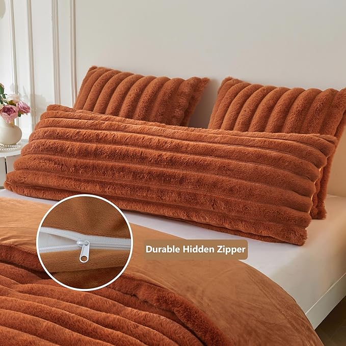 MEGO Fluffy Faux Rabbit Fur Body Pillow Cover, Soft Comfy Furry Striped 20x54 Bed Body Pillowcase, Plush Fuzzy Ribbed Bedroom Long Pillow Case with Zipper for Adults Kids Girls Teens, Burnt Orange